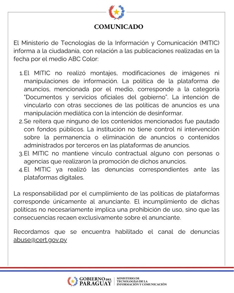 El Ministerio de Tecnologías de la Información y Comunicación (MITIC) negó este martes la manipulación de políticas de anuncios de Google,