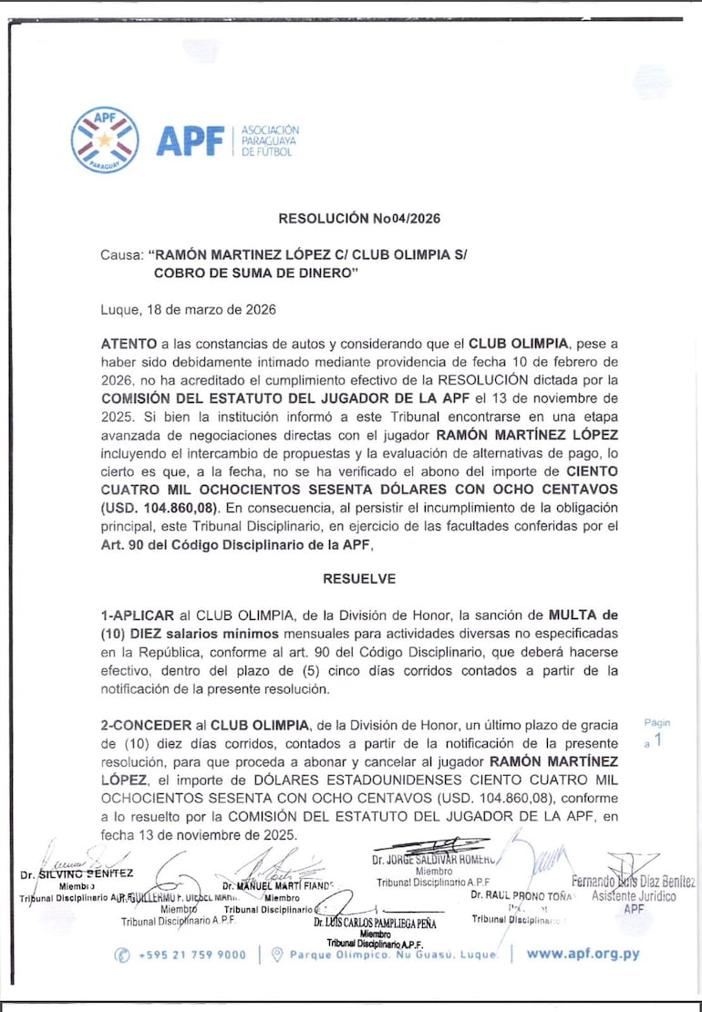 Resolución del Tribunal Disciplinario de la Asociación Paraguaya de Fútbol contra el Club Olimpia.