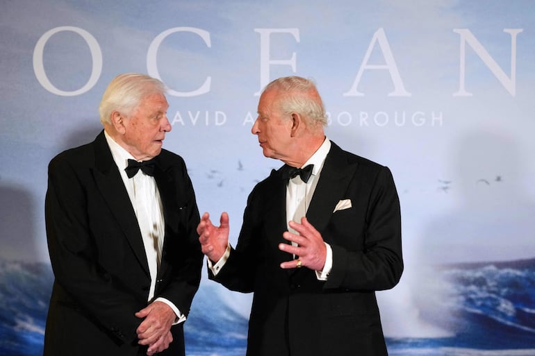 Fotografía de archivo: el rey Charles III conversa con el locutor y biólogo británico David Attenborough a su llegada para asistir al estreno mundial de “Ocean with David Attenborough” en el Royal Festival Hall, en Londres, el 6 de mayo de 2025.