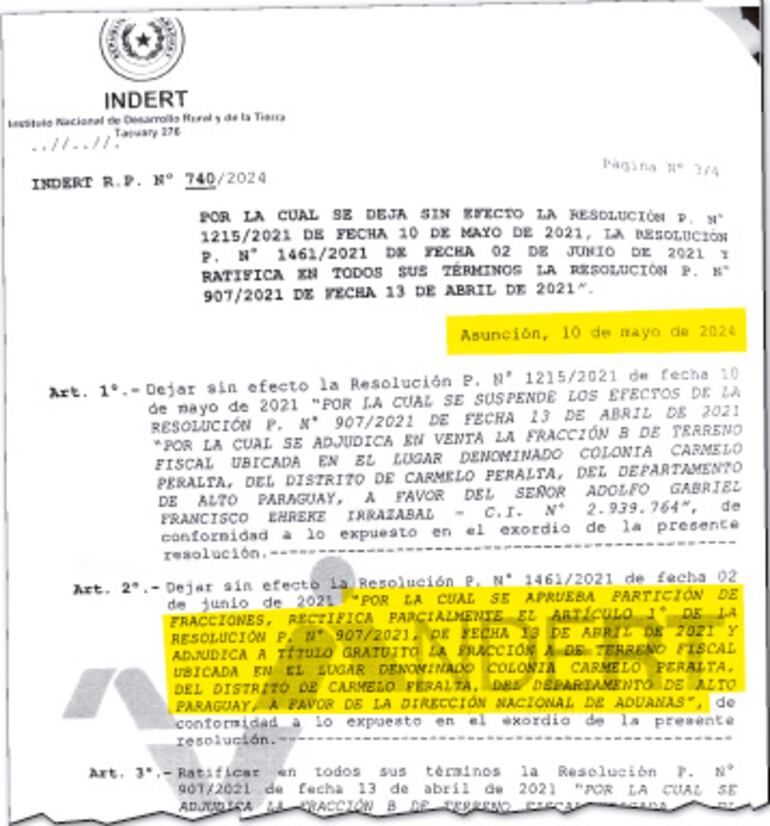 Parte resolutiva del 10 de mayo de 2024, en la cual se dejó sin efecto la disposición de 2021 y se sacaron 12 hectáreas de valioso terreno a la Dirección Nacional de Aduanas.
