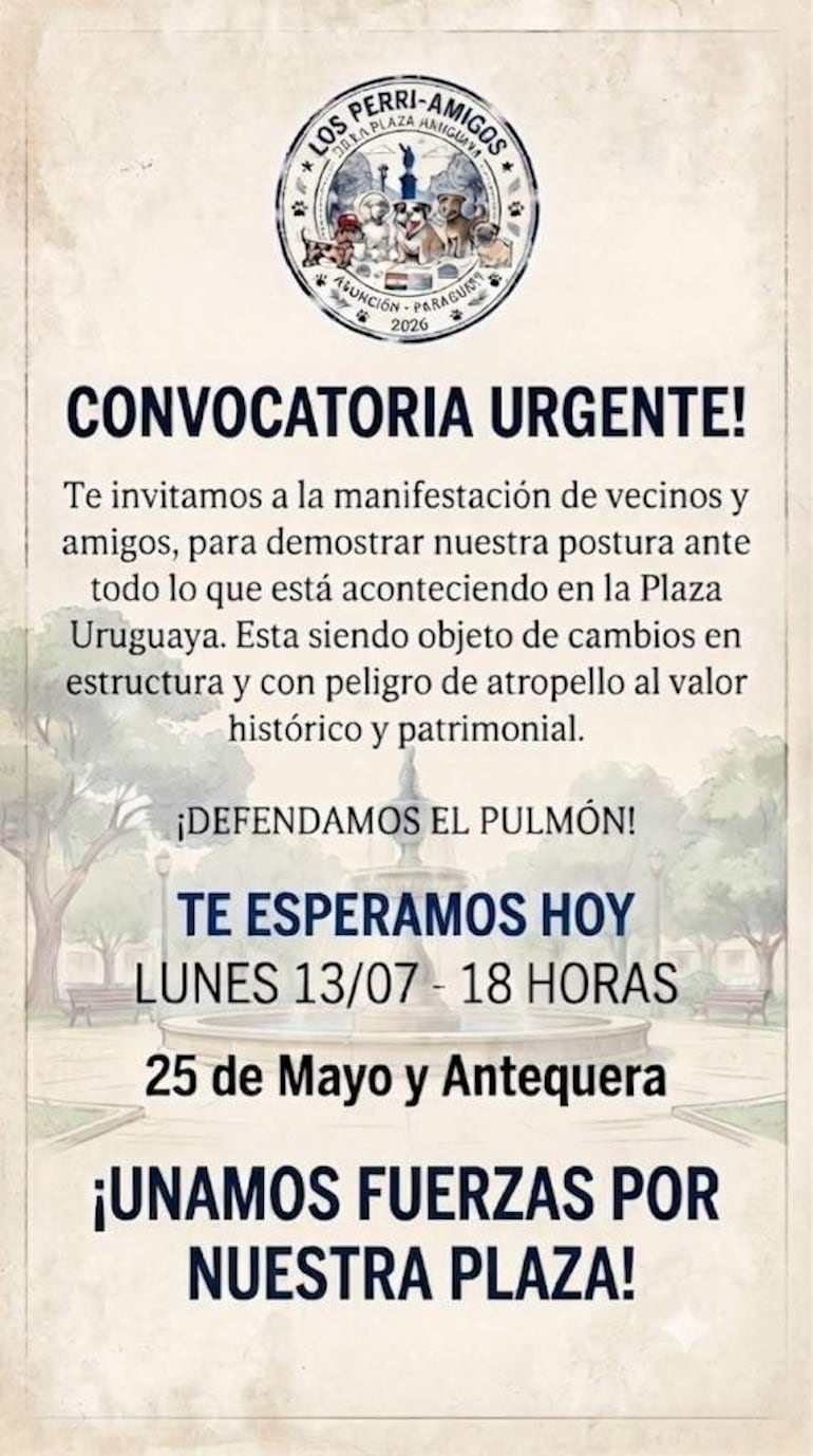 Un cartel con convocatoria a manifestación, resaltando la defensa de la Plaza Uruguaya y su patrimonio histórico.