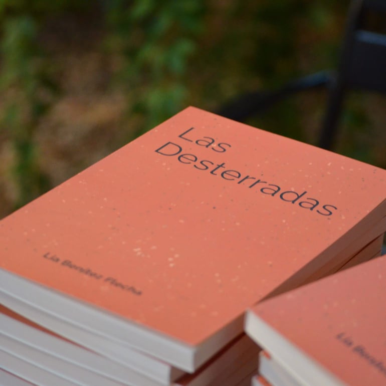 Varios ejemplares del libro 'Las desterradas' apilados, con portada de color durazno y letras en negro.