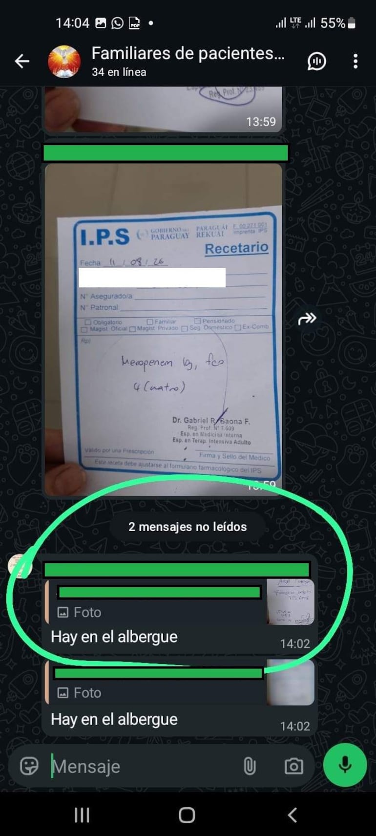 Conversación en WhatsApp sobre recetas médicas, incluyendo detalles del Dr. Gabriel R. Bacana, destacando la receta de Meropenem.