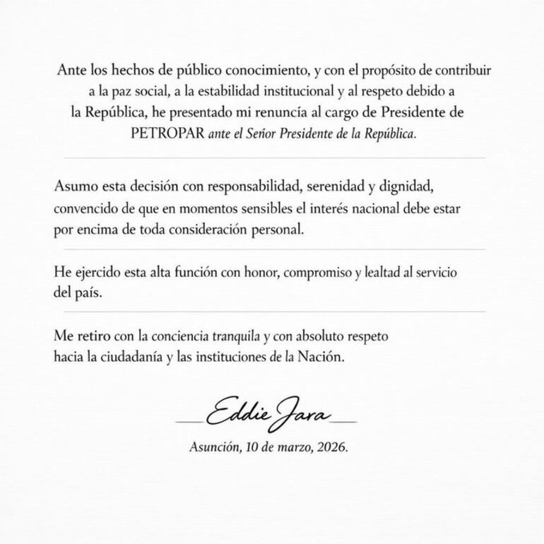 Carta de renuncia de Eddie Jara al frente de Petropar.
