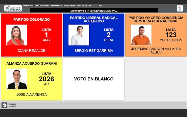 Pantalla de votación de candidatos a la intendencia de Villa Elisa.