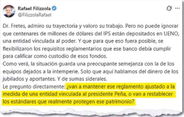 Publicación en la red social X del senador Rafael Filizzola (PDP) en la cual lanzó una pregunta directa para el actual presidente del IPS, Isaías Fretes.
