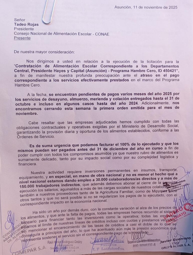 Nota enviada por los proveedores del plan Hambre Cero al Ministerio de Desarrollo Social.