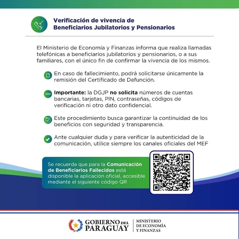 Documento informativo del Ministerio de Economía y Finanzas sobre verificación de vivencia con código QR y logos oficiales.