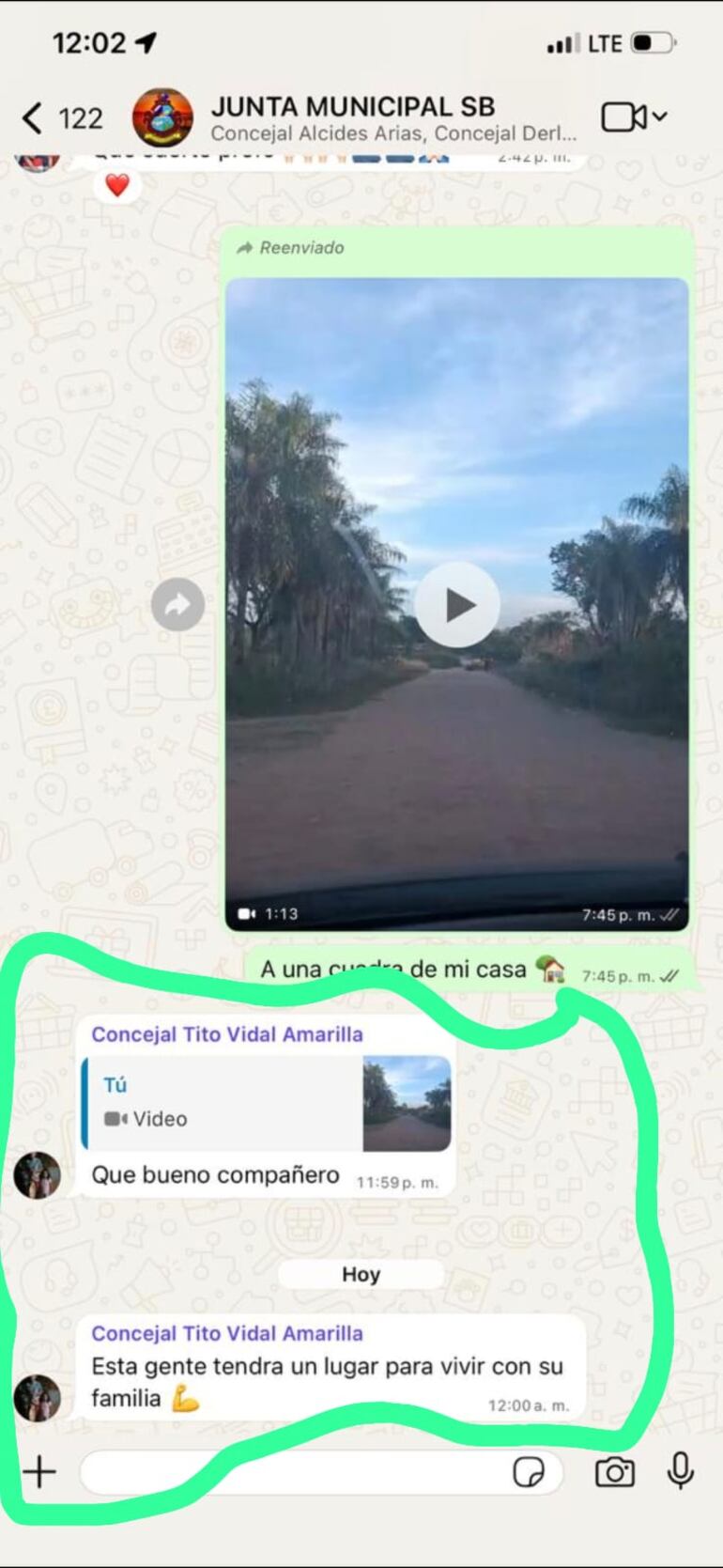 Esto fue lo que comentó el concejal Tito Amarilla en el grupo de WhatsApp de la Junta Municipal.