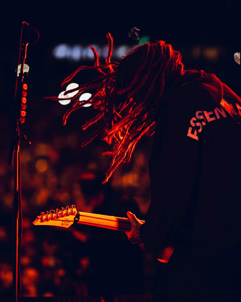 Músico de espaldas con dreadlocks, tocando guitarra eléctrica, escenario iluminado en tonos rojos, público difuminado al fondo.
