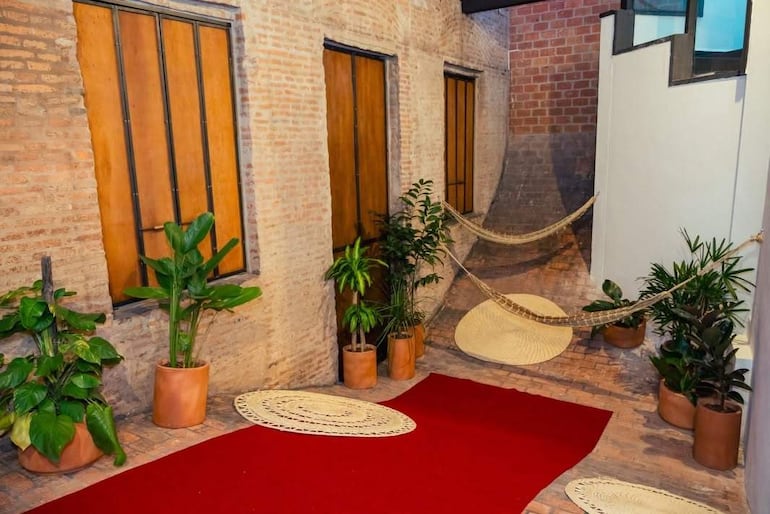 Pasillo interior con paredes de ladrillo, plantas en macetas y alfombra roja, sin personas visibles.