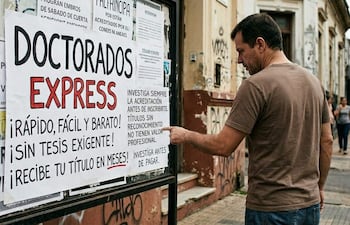 Estudiante observa ofertas de doctorado "exprés" en Asunción.