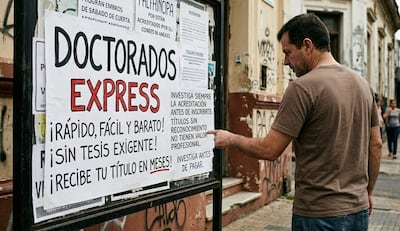 Estudiante observa ofertas de doctorado "exprés" en Asunción.