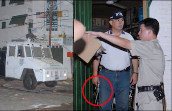 El infanticida Leoncio Piatti Aranda sale corriendo de su casa y sube a un carro hidrante de la Policía, justo antes de que la turba quemara su casa con él adentro. El comisario Viviano Machado sostiene el arma homicida.