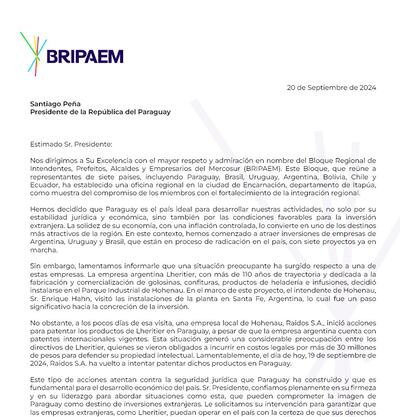 Nota remitida por BRIPAEM al presidente de la República, denunciando un atentado contra la seguridad jurídica.