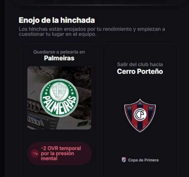 Logo de Palmeiras y Cerro Porteño con texto que expresa el enojo de la hinchada por el rendimiento de un jugador.