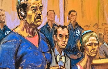 Este boceto de la sala del tribunal muestra al depuesto presidente de Venezuela, Nicolás Maduro (izq.), y a su esposa, Cilia Flores, asistiendo a su comparecencia ante el Tribunal Federal Daniel Patrick Moynihan el 5 de enero de 2026 en Nueva York.