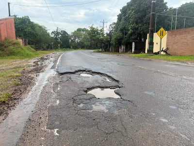 Carretera en mal estado con baches llenos de agua, rodeada de césped y árboles. No hay personas presentes.