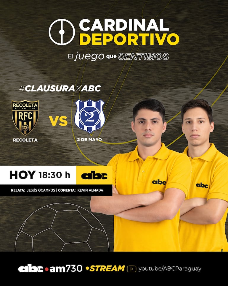 Recoleta FC vs. 2 de Mayo, en vivo por ABC Cardinal y ABC Paraguay en Youtube.
