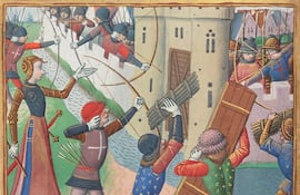 Juana de Arco en el sitio de Orleans, miniatura del manuscrito "Les Vigiles de Charles VII", del cronista Martial d'Auvergne, siglo XV