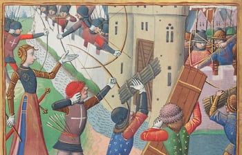 Juana de Arco en el sitio de Orleans, miniatura del manuscrito "Les Vigiles de Charles VII", del cronista Martial d'Auvergne, siglo XV