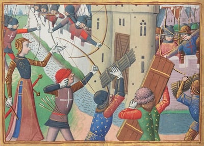 Juana de Arco en el sitio de Orleans, miniatura del manuscrito "Les Vigiles de Charles VII", del cronista Martial d'Auvergne, siglo XV