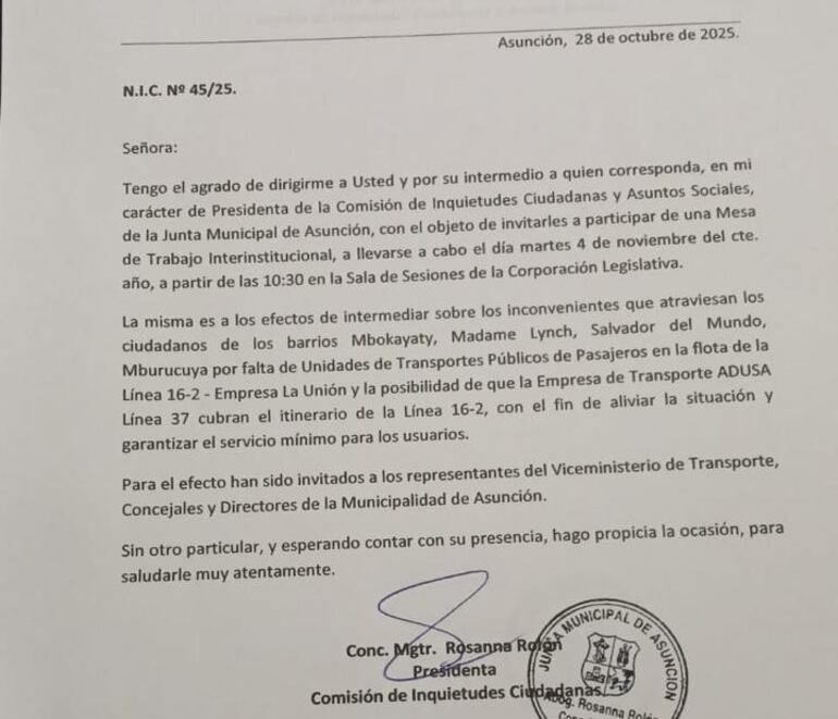 Convocatoria a mesa de trabajo con la Comisión de Inquietudes Ciudadanas de la Junta Municipal de Asunción.