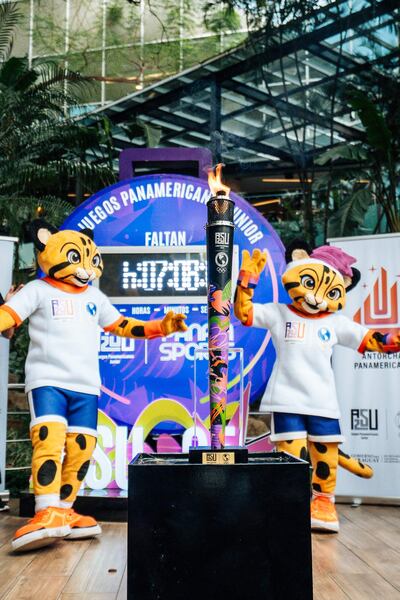 Las mascotas de Asu2025, Tito y Tika con la antorcha.