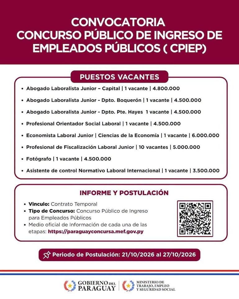 Convocatoria de concurso público con diseño institucional, resaltando vacantes y salarios en un documento oficial del gobierno paraguayo.