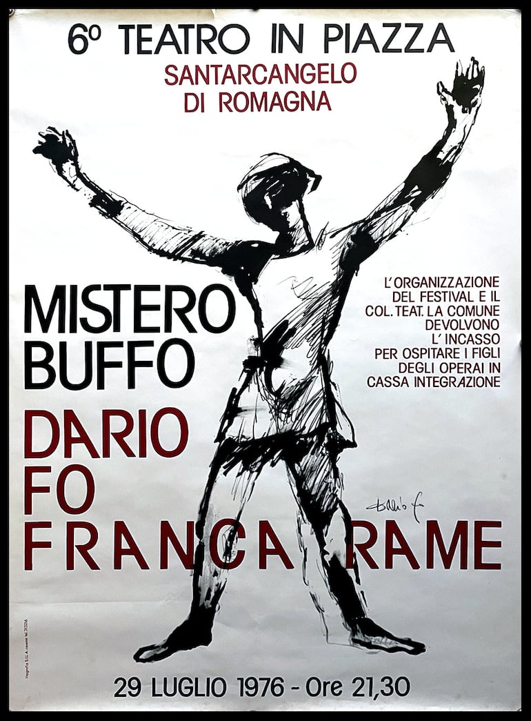 Afiche anunciando una representación de "Mistero Buffo" en Santarcangelo di Romagna en 1976
