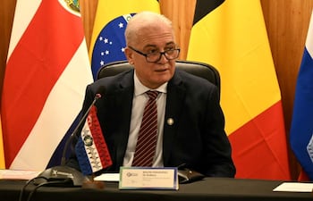 Dr. Emiliano Rolón Fernández sentado al micrófono, con traje oscuro y corbata rayada, frente a banderas de varios países.