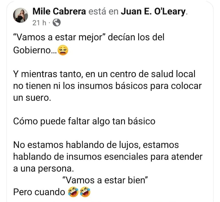 La mujer utilizó su Facebook para reclamar la falta de insumos en el servicio público.