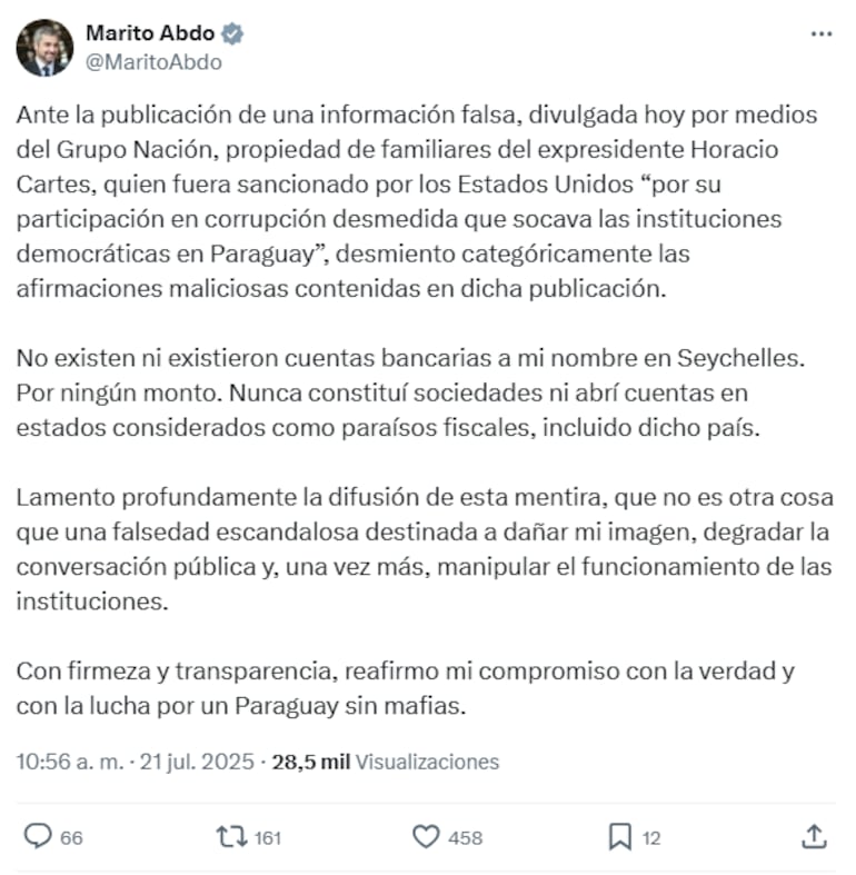 Mario Abdo Benítez, expresidente de la República, se pronunció y calificó de mentira la publicación que afirma que tenía cuentas bancarias en Seychelles, considerado paraíso fiscal.
