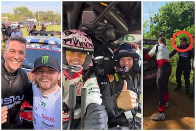 Santiago Peña y Pedro Alliana con cascos de piloto, sonrientes dentro de un auto de carreras, rodeados de un ambiente festivo.