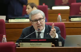 Rafael Filizzola con chaqueta oscura y corbata blanca, gesticulando mientras habla en un entorno formal y soleado.
