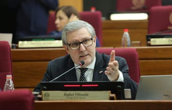 Rafael Filizzola con chaqueta oscura y corbata blanca, gesticulando mientras habla en un entorno formal y soleado.