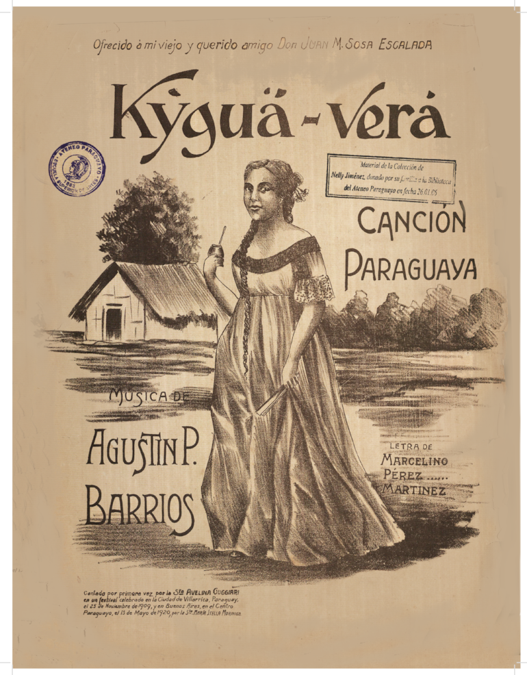 Rara partitura para piano de la composición "Kygua vera", escrita pro Agustín Pío Barrios.