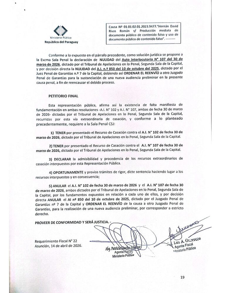 Parte del recurso presentado por las fiscalas Patricia Sánchez y Luz Guerrero contra el sobreseimiento definitivo de Hernán Rivas