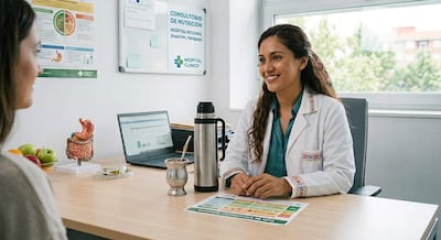 Nutricionista atiende a una paciente en su consultorio. Imagen generada con IA.