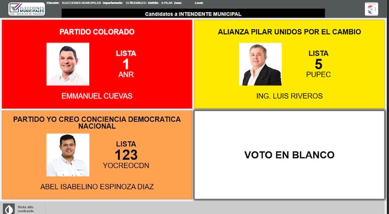 Pantalla del simulador de votación para la intendencia de Pilar. Luis RIveros renunciaría y quedarían solo dos candidatos.