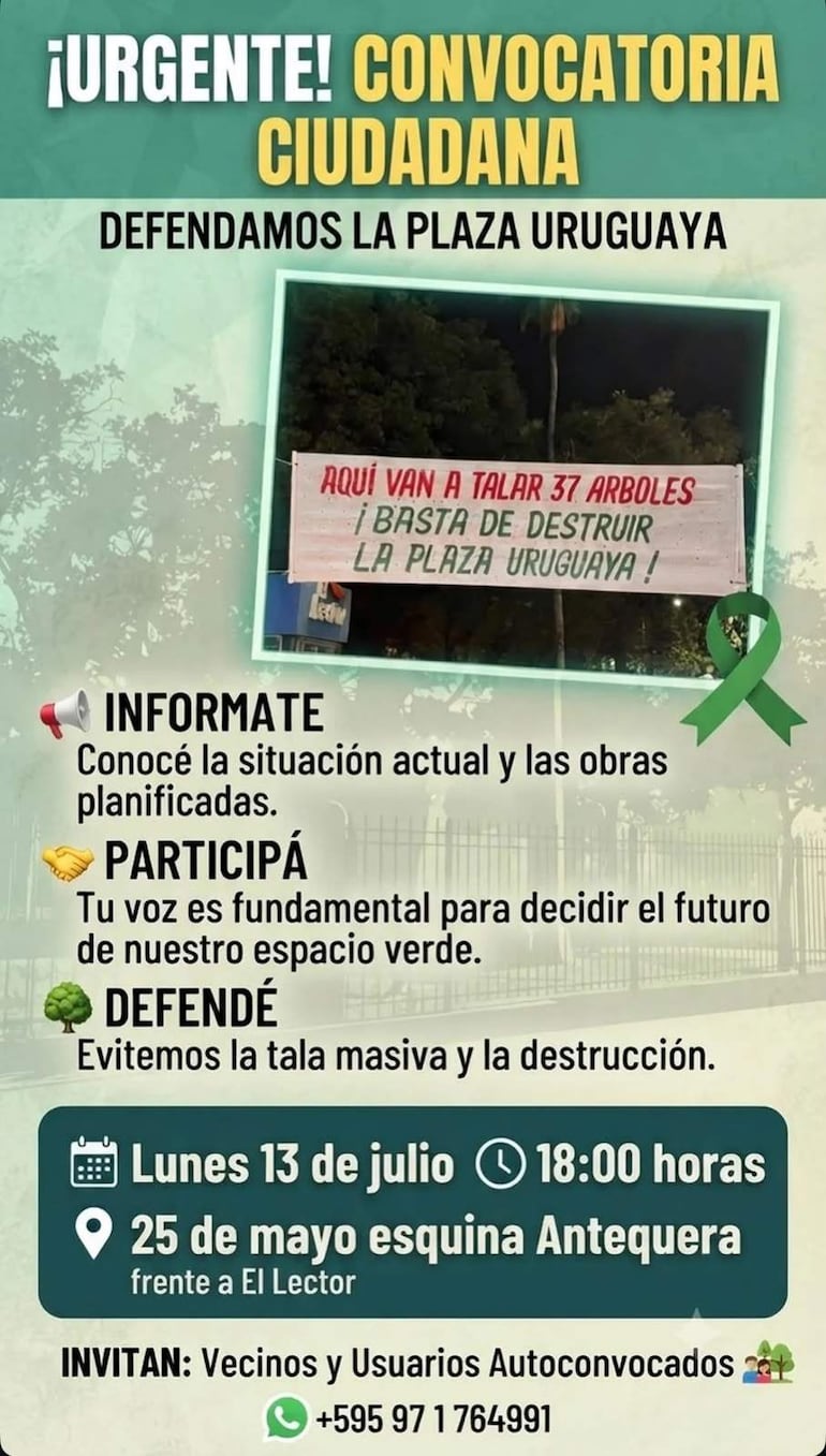 Un cartel urge a la ciudadanía para defender la Plaza Uruguaya de la tala de árboles, con detalles en verde que destacan la urgencia del mensaje.