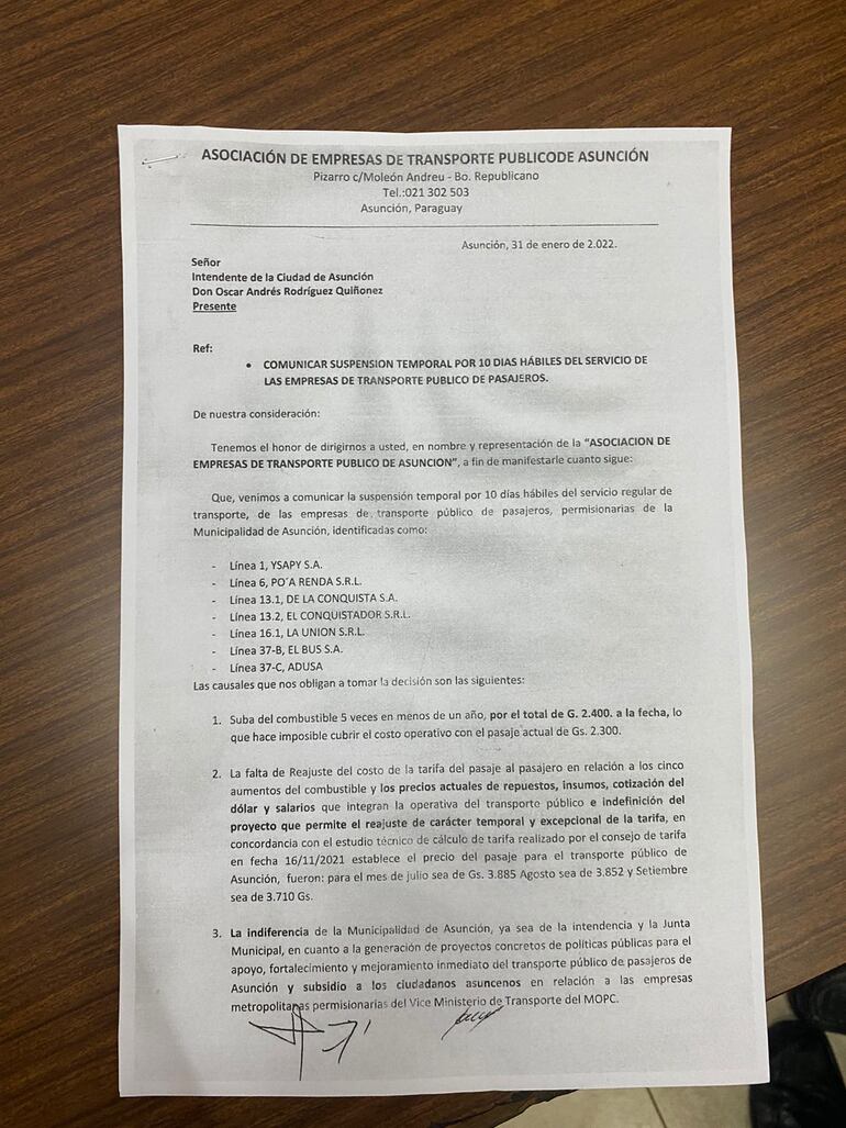 Anuncio de paro del transporte público interno en Asunción. (gentileza). 