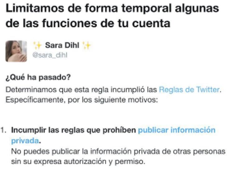 Notificación de Twitter a la cuenta de Sara Dihl.