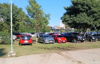 Varios vehículos estacionados en césped de la Plaza España, rodeados de árboles y bajo un cielo despejado.