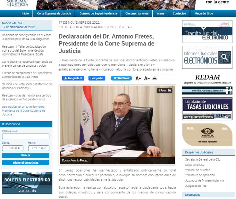 Comunicado de la Corte Suprema de Justicia (CSJ) en relación al caso que involucra al ministro Antonio Fretes.