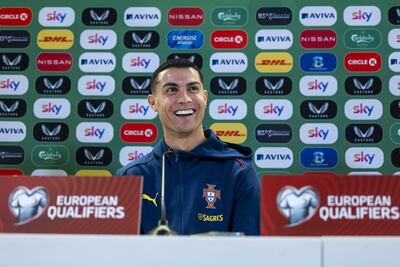 El portugués Cristiano Ronaldo asiste a una rueda de prensa en el Aviva Stadium en Dublín, Irlanda, el 12 de noviembre de 2025. Portugal jugará contra Irlanda el 13 de noviembre en un partido de clasificación para el Mundial de Fútbol de la FIFA 2026.