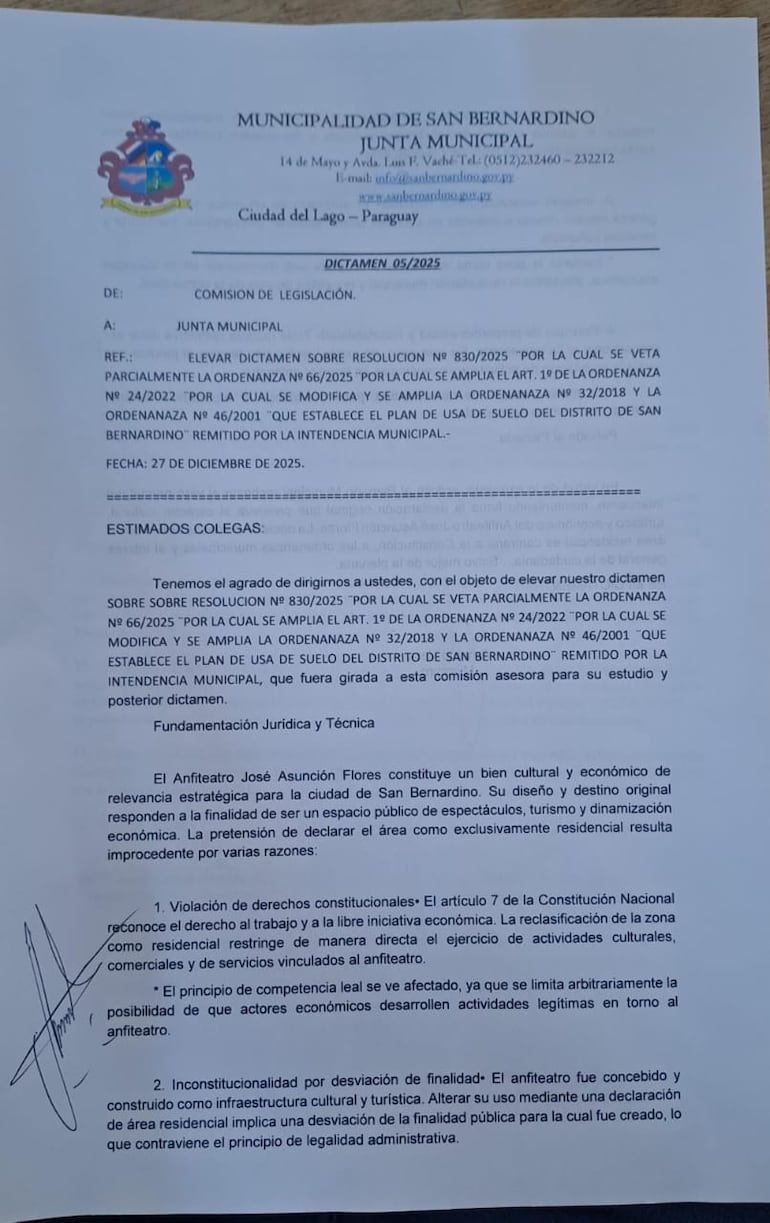 Este es el dictamen que debía haberse tratado el 29 de diciembre en la Municipalidad de San Bernardino.
