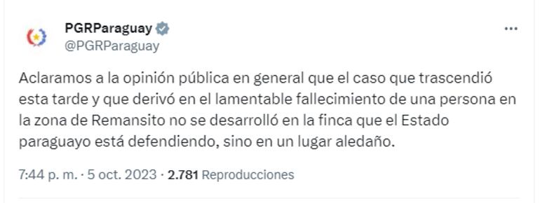 Tweet de la Procuraduría General de la República en el que aclaran que el inmueble en donde ocurrió el fatal enfrentamiento no pertenece a la finca 916 del Ministerio de Defensa Nacional.