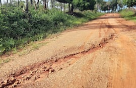 Camino de tierra deteriorado, con surcos y piedras, rodeado de vegetación abundante en una zona rural.