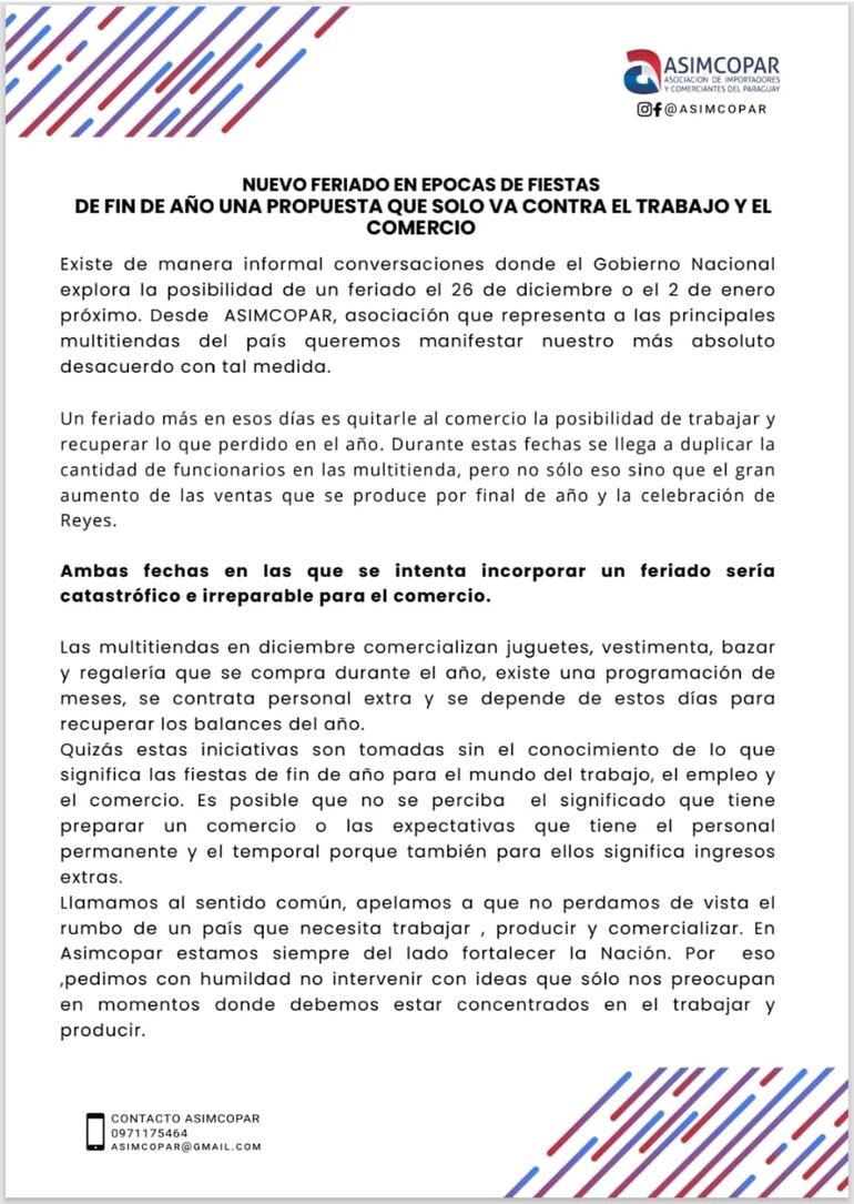 Comunicado Asimcopar sobre sondeo del gobierno para establecer dos feriados por fiestas de fin de año.